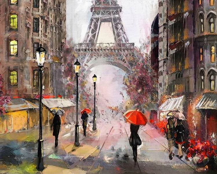 картина по номерам Цветной Премиум «Париж под дождем» холст на подрамнике