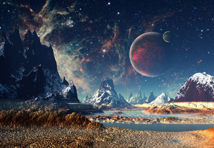 картину-постер Фантастический горный пейзаж на планете другой галактики с доставкой недорого