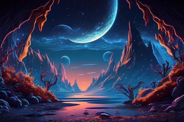 Футуристический фантастический ночной пейзаж с абстрактными островами и ночное небо с космическими галактиками