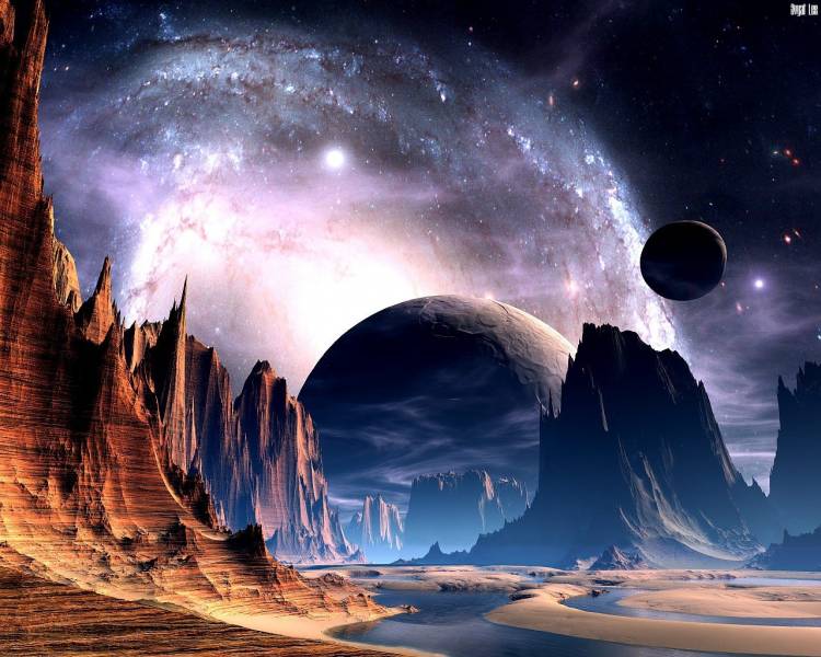 Инопланетный пейзаж с видом на горы и космическое небо