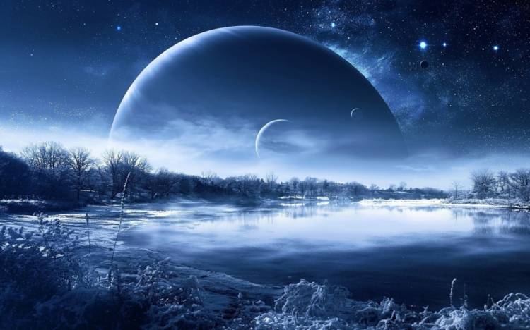 Фото Ночной зимний пейзаж, на фоне неба и планет в синих оттенках