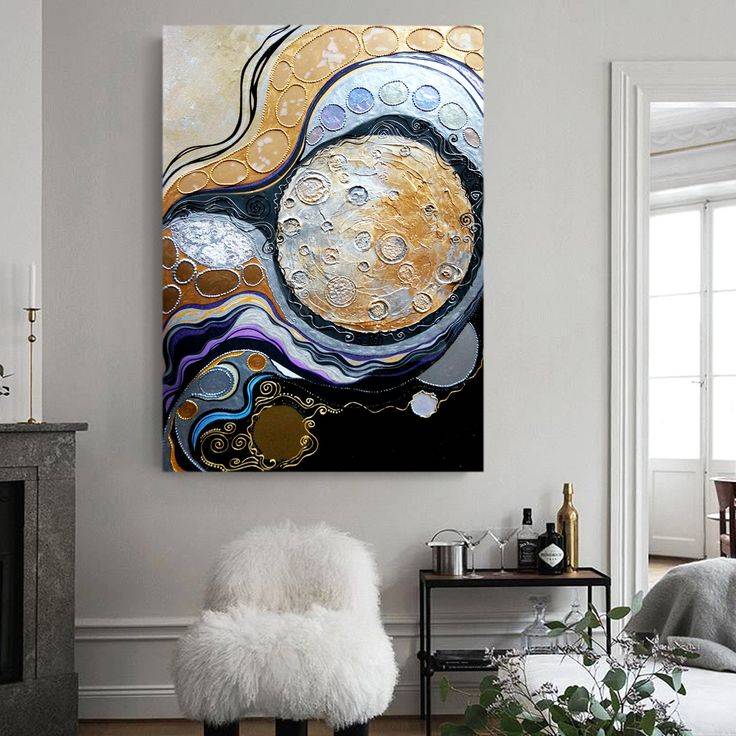 Интерьерная картина абстракция с текстурой и золотой поталью Луна в интернет