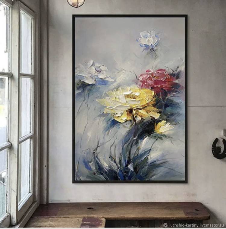 Объемная картина маслом на холсте в интерьер Цветы в подарок в интернет