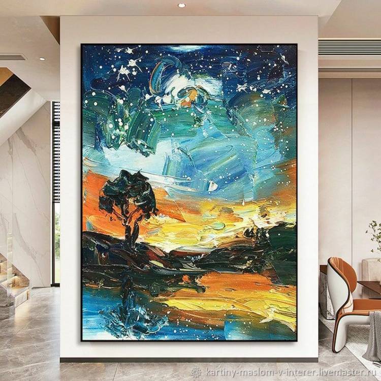 Картина маслом на холсте Звездное небо Дерево Абстракция в интерьер в интернет