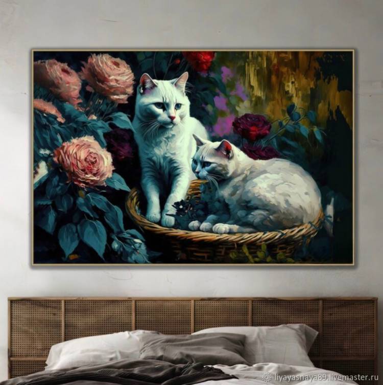 Картина маслом на холсте Кошки и Розы Живопись в дом на стену в интернет