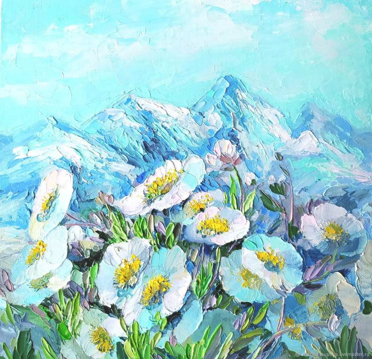 Картина маслом на холсте Пейзаж с горами Цветы в горах в интернет