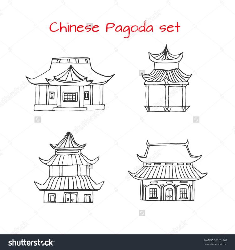 Hand drawn set with detached Asian traditional Chinese houses