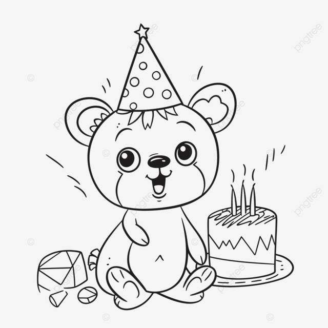 рисунок раскраски для детей день рождения мишка держит торт в шляпе на контур эскиз вектор PNG , рисунок медведя, рисунок торта, рисунок крыла PNG картинки и пнг рисунок для бесплатной загрузки