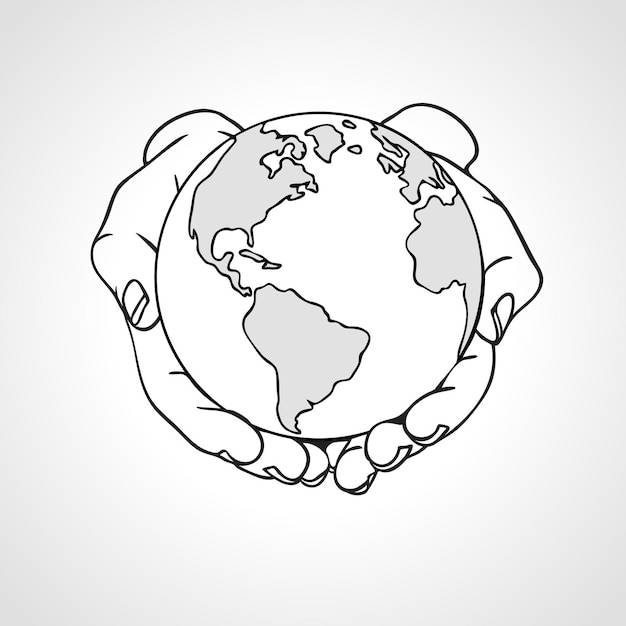 Руки держат землю две ладони держат земной шар концепция окружающей среды ручной рисунок иллюстрации