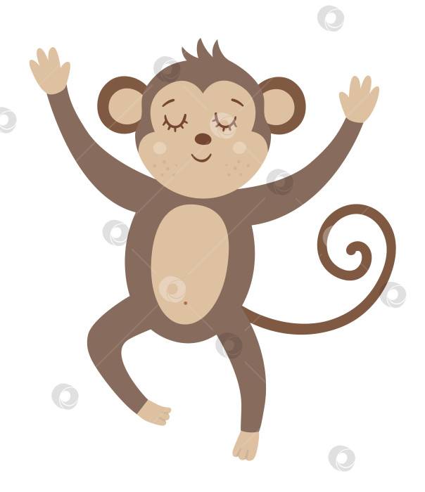 Векторная симпатичная прыгающая обезьяна с закрытыми глазами и поднятыми руками, изолированная на белом фоне