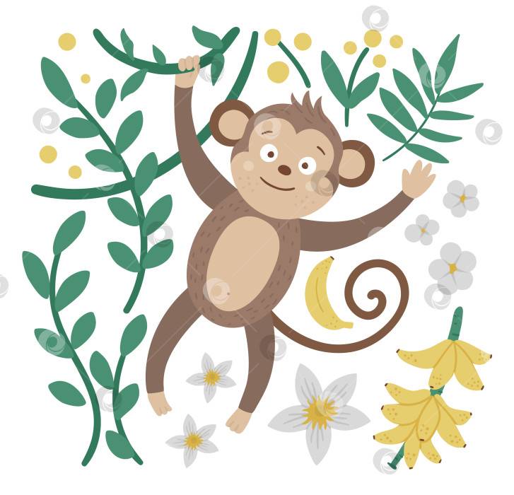 Векторная симпатичная композиция с обезьяной, висящей на лиане, бананах и тропических листьях