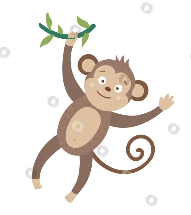 Векторная симпатичная обезьянка, висящая на лиане, изолированная на белом фоне