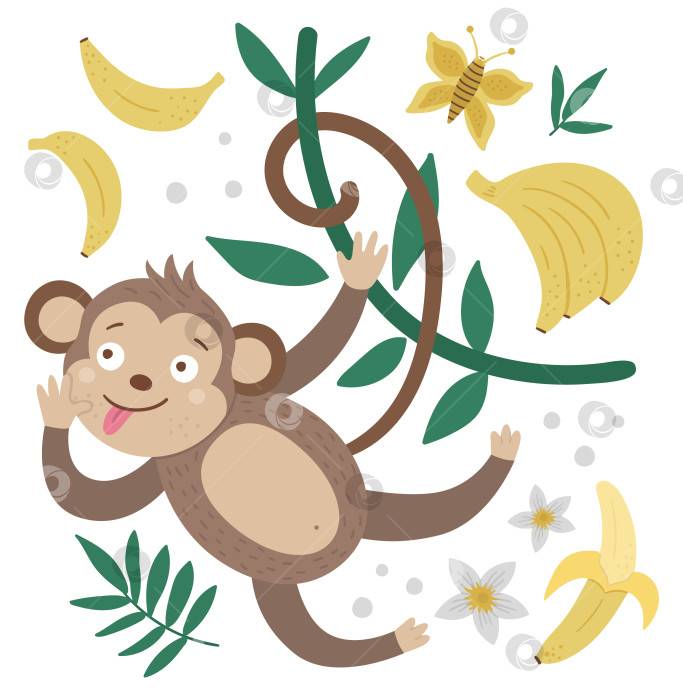 Векторная симпатичная композиция с обезьяной, висящей на лиане с высунутым языком, бананами