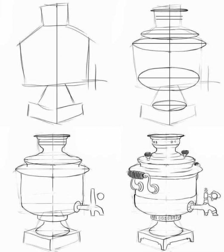 Как нарисовать самовар для детей карандашом легко и поэтапно, раскрасить