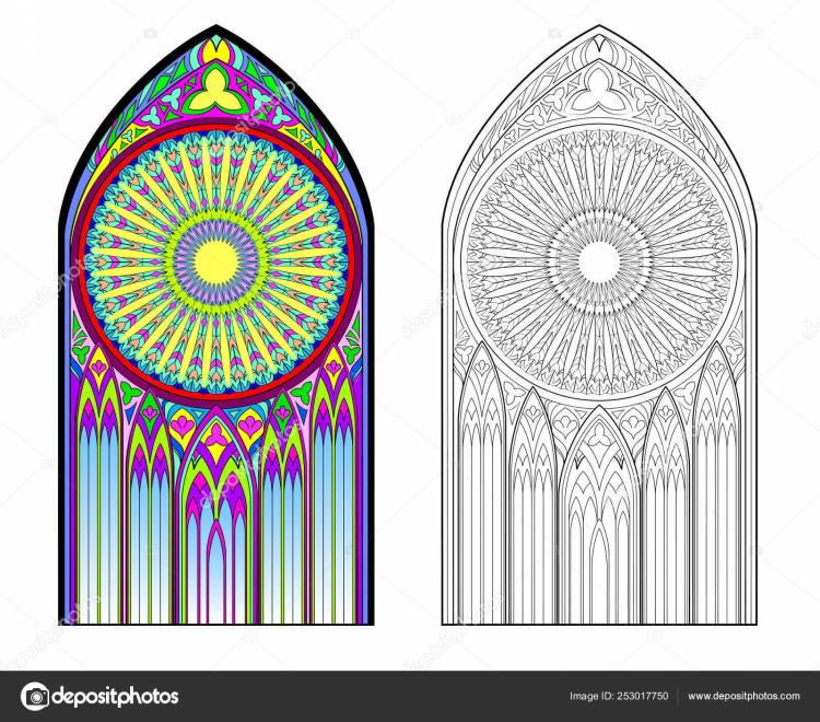 Красочное Черно Белое Изображение Готического Витража Красивой Розой Центре Печатный Векторное изображение ©Nataljacernecka