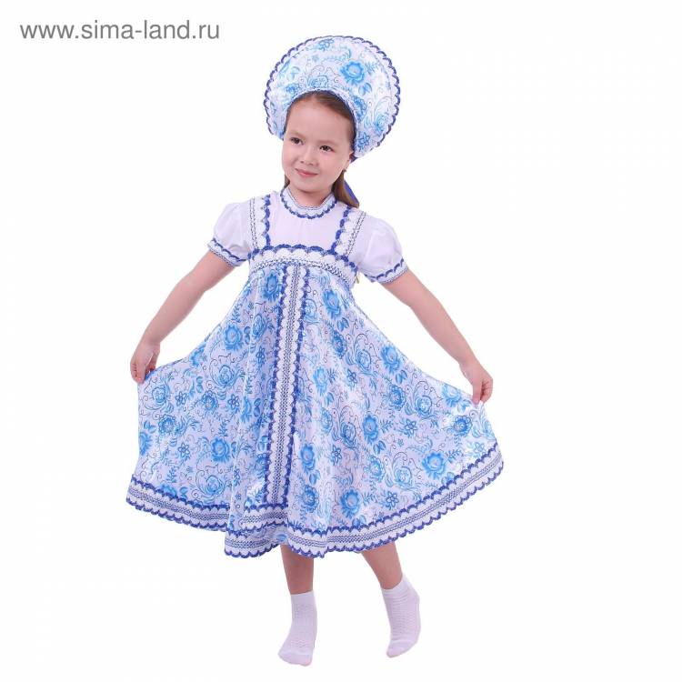 Русский народный костюм для девочки с кокошником, голубые узоры, р
