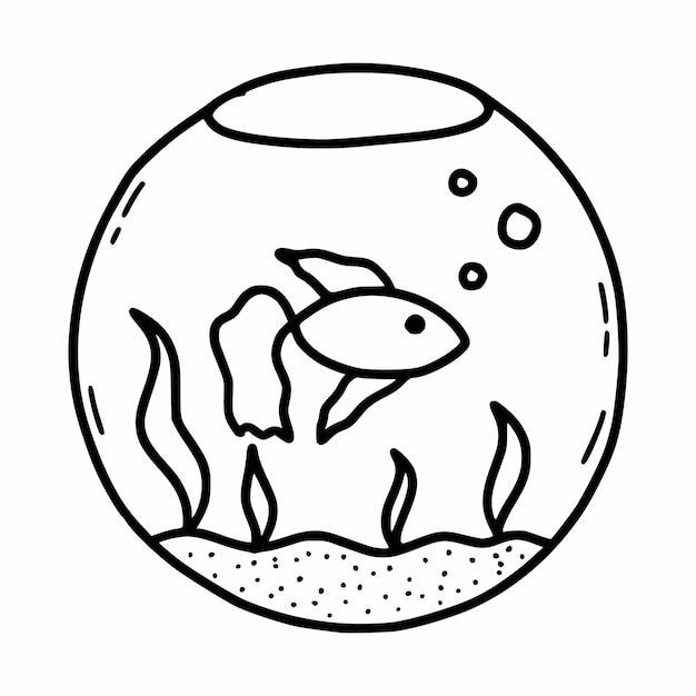 Круглый аквариум с золотыми рыбками книжка-раскраска для детей fish vector doodle illustration