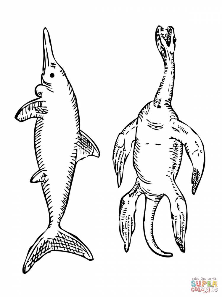 Раскраска Морские рептилии ихтиозавр и плезиозавр