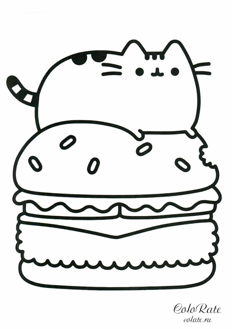 Раскраска Pusheen Cat и огромный сэндвич распечатать