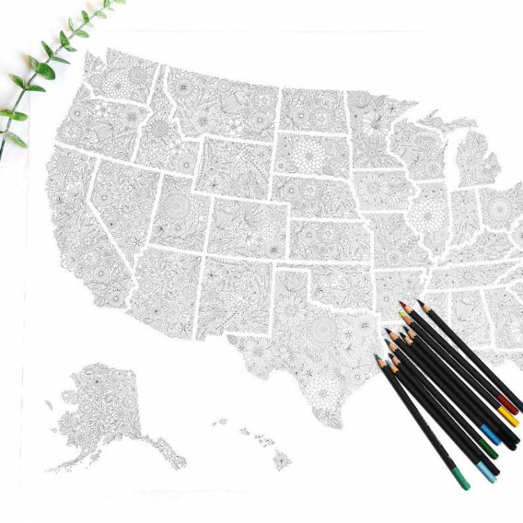 Искусство и ремесла Карта США для раскраски для взрослых, Плакат с картой США своими руками