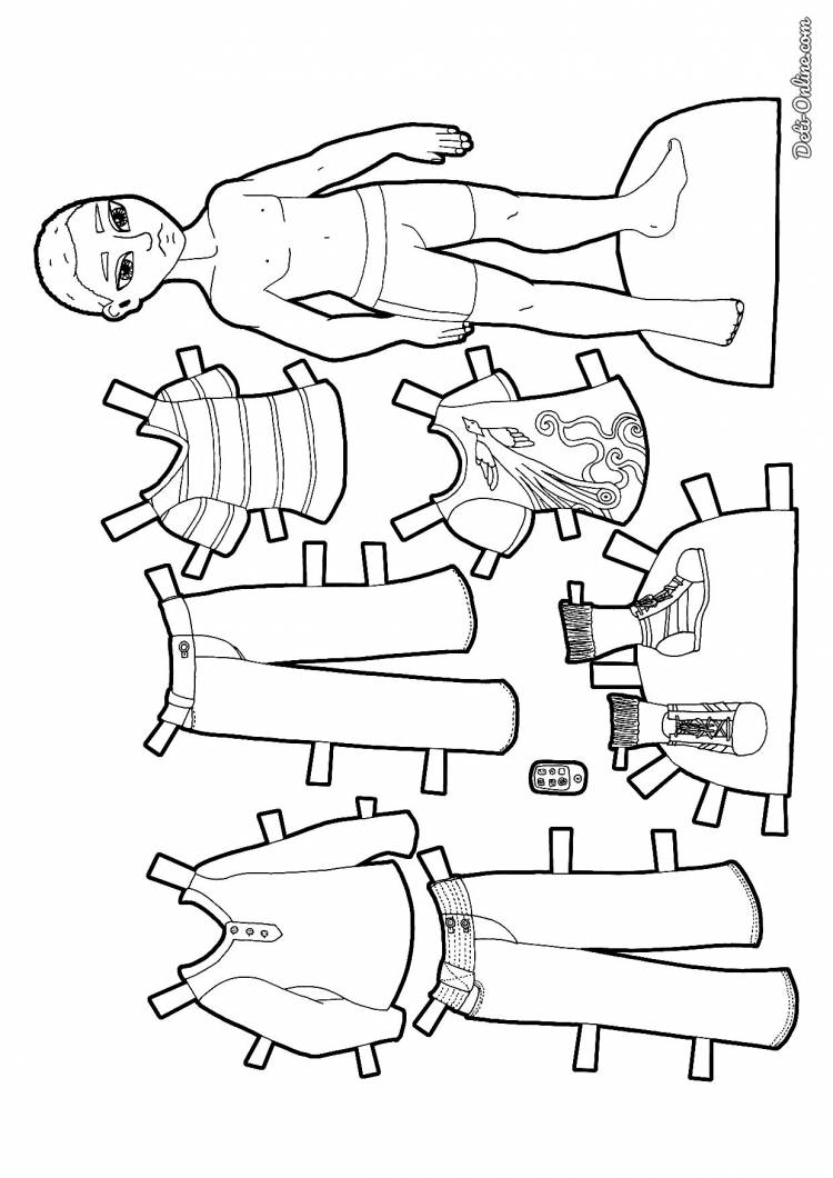 Раскраска Бумажная кукла мальчик с одеждой для вырезания распечатать или скачать