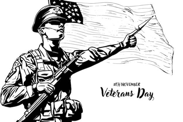Эскиз дня ветеранов простой векторный баннер плакат фон с флагом и эскиз солдата с