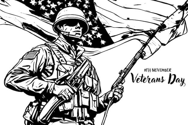 Эскиз дня ветеранов простой векторный баннер плакат фон с флагом и эскиз солдата с