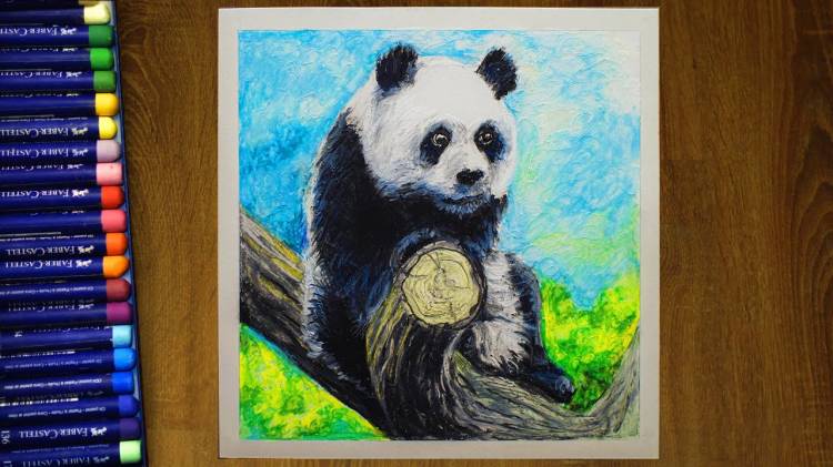 Рисунок масляной пастелью Панда на дереве Panda oil pastels