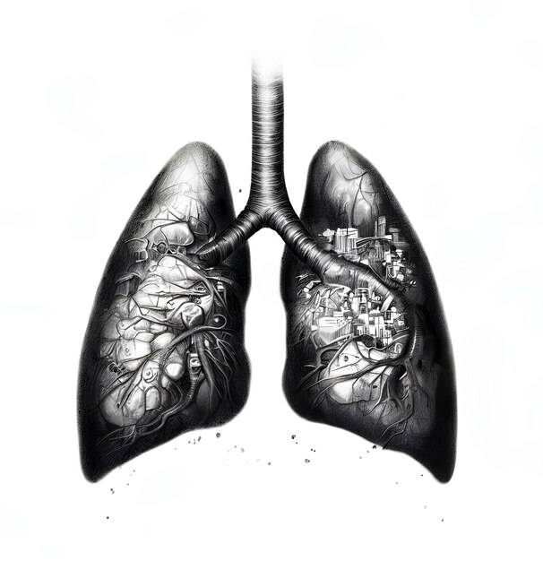 Рисунок легких человека с сердцем и городом внизу сгенерировано ai