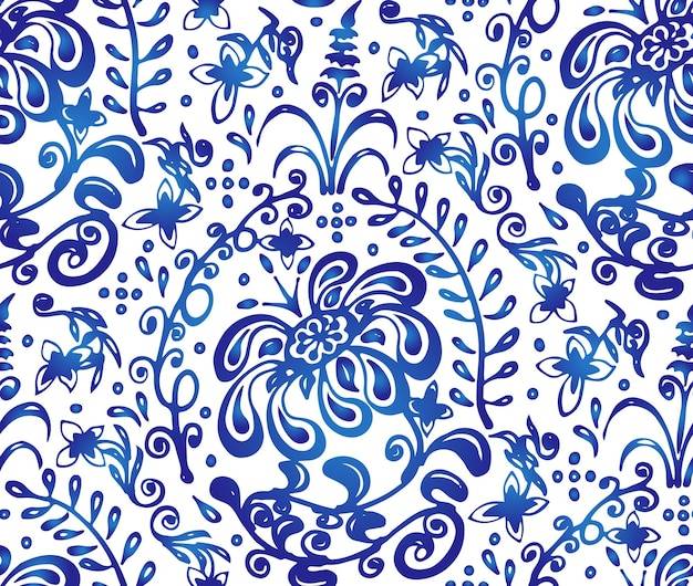 Традиционный русский векторный бесшовный узор в стиле гжель ручной рисунок ажурного фона пастиш знаменитой синей орнаментальной росписи