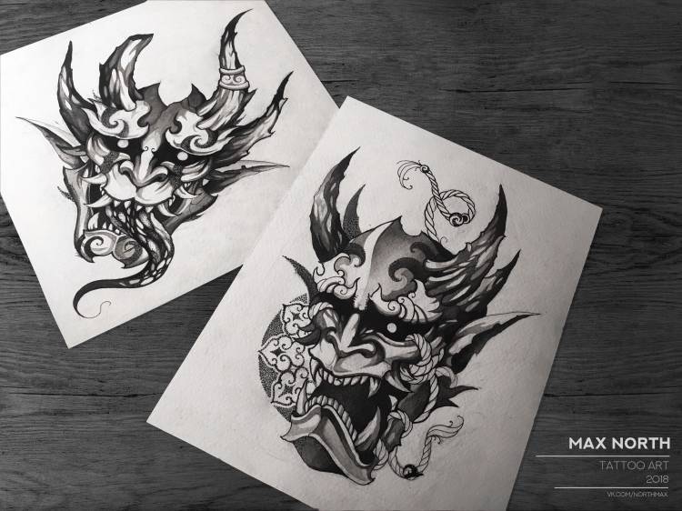 oni арт эскизтату тату графика чб рисунок art tattooart maxnorth они демон маска япония