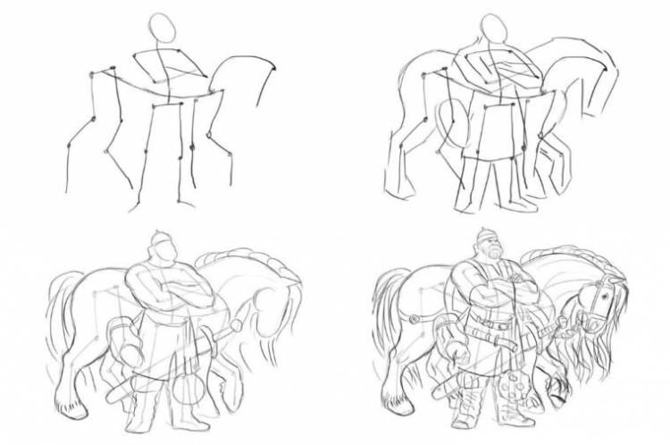 Рисунок илья муромец на коне поэтапно 