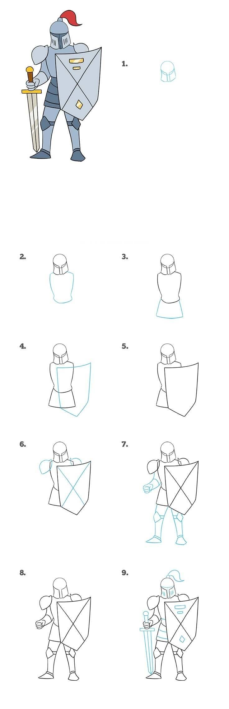 Как нарисовать средневекового рыцаря в доспехах с мечом и щитом поэтапно