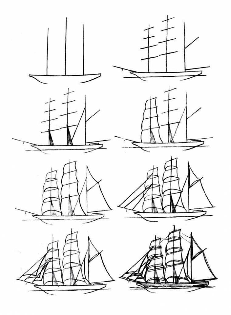 Корабль поэтапно карандашом