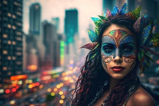 Красивая женщина в красочной маске карнавального костюма на размытом фоне города генеративный ай