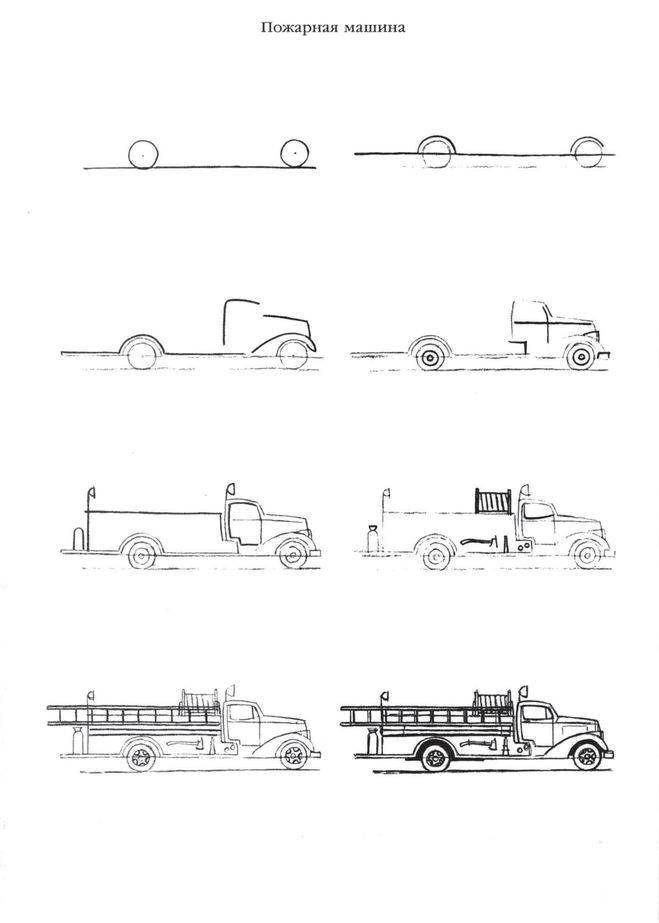 Пожарная машина рисунок карандашом Рисунки карандашом поэтапно