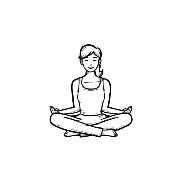 Женщина, сидящая в позе лотоса йоги, рисованной наброски каракули значок
