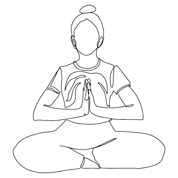 Девушка в позе лотоса йоги векторная ручная иллюстрация молодая и счастливая женщина медитирует и практикует йогу непрерывное рисование в одну линию
