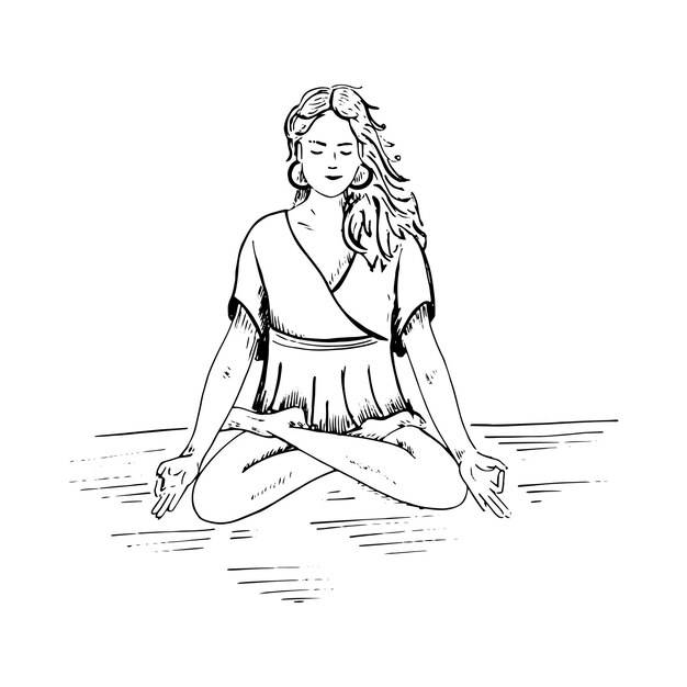 Молодая женщина медитирует девушка сидит в позе лотоса и медитирует нарисованный вручную вектор иллюстрации