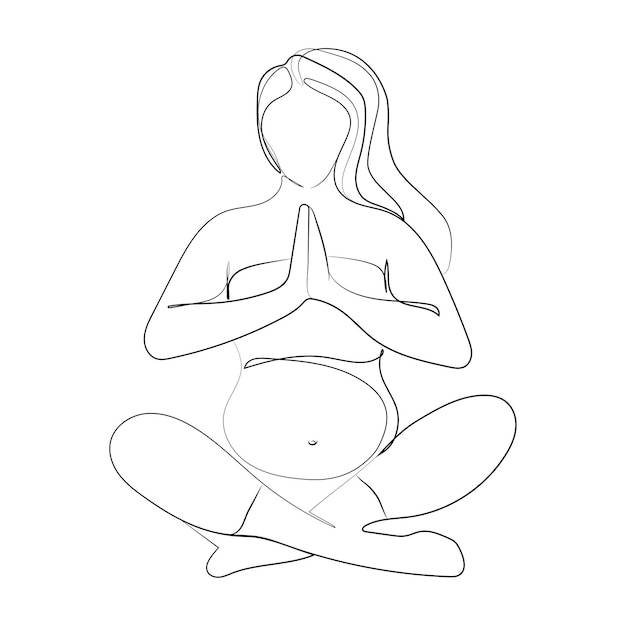 Беременные женщины в позе лотоса со сложенными руками рисунок векторной линии