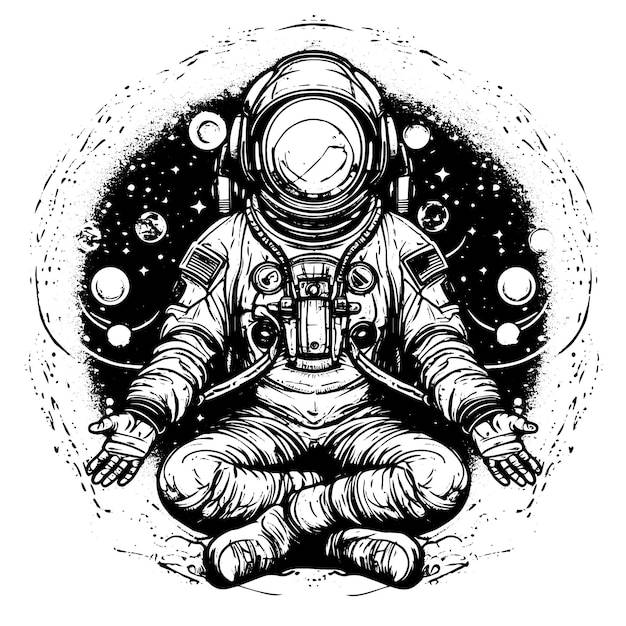 Дизайн футболки с изображением космонавта в позе лотоса, символизирующей гармонию медитации и йоги в космосе