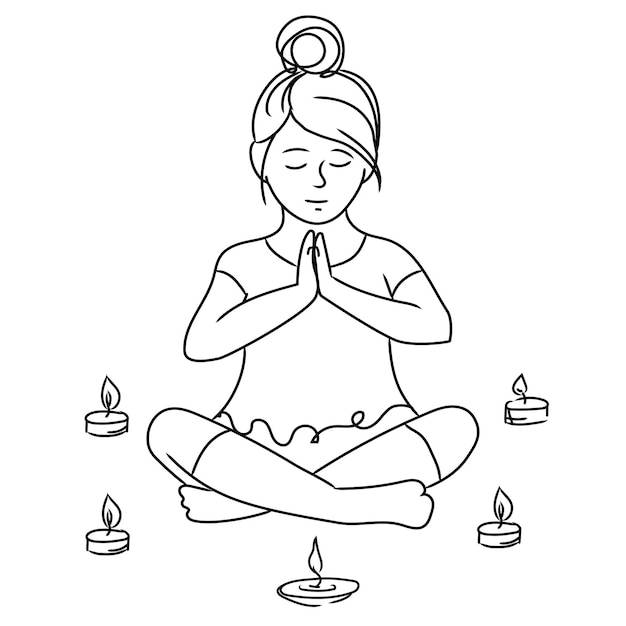 Маленькая девочка медитирует в позе лотоса, набросок векторной иллюстрации на белом фоне