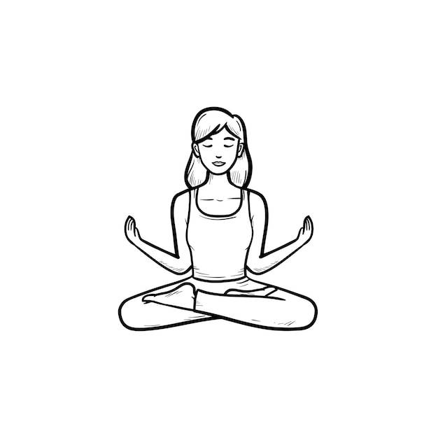 Женщина, сидящая в позе лотоса йоги, рисованной наброски каракули значок