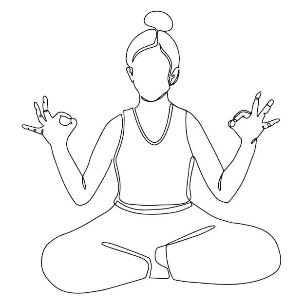 Девушка в позе лотоса йоги векторная ручная иллюстрация молодая и счастливая женщина медитирует и практикует йогу непрерывное рисование в одну линию