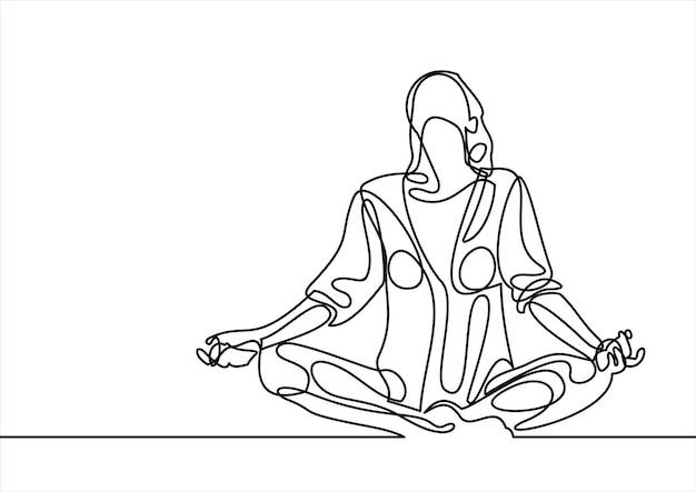 Красивая молодая женщина, практикующая йогу, медитирующая в позе лотоса, непрерывный рисунок линии